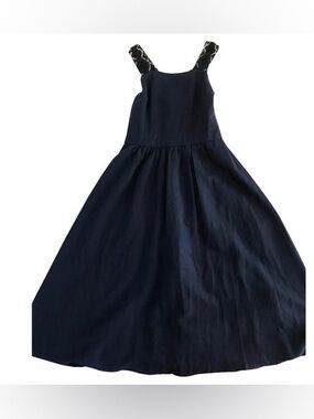 Sezane Navy Blue Midi Pinafore Dress with Patterned Straps